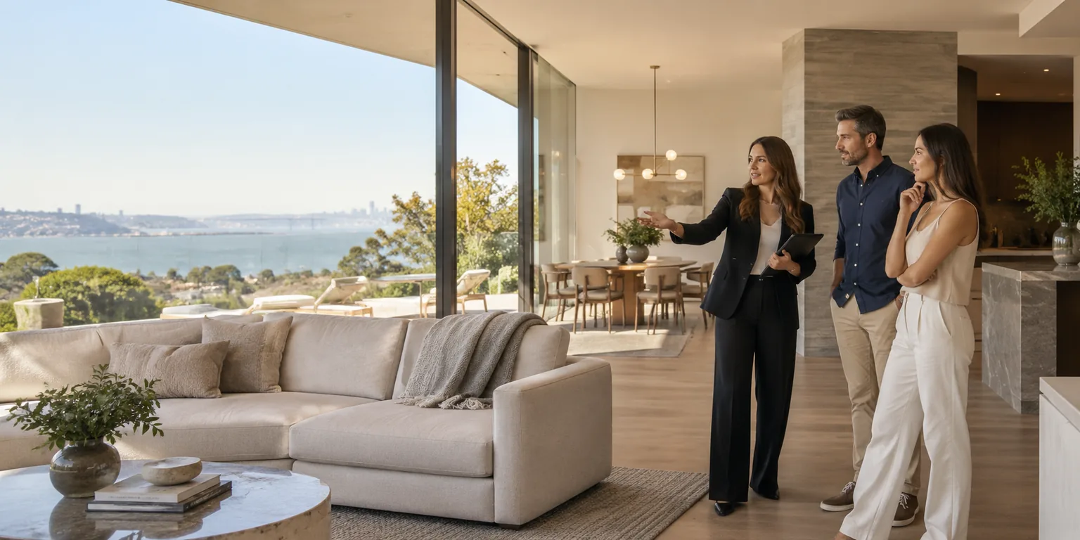 Buyer's agent guiding clients through a modern home.